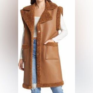 Blank NYC Tan Teddy Vest with Faux Shearling Trim Long Brown Vest